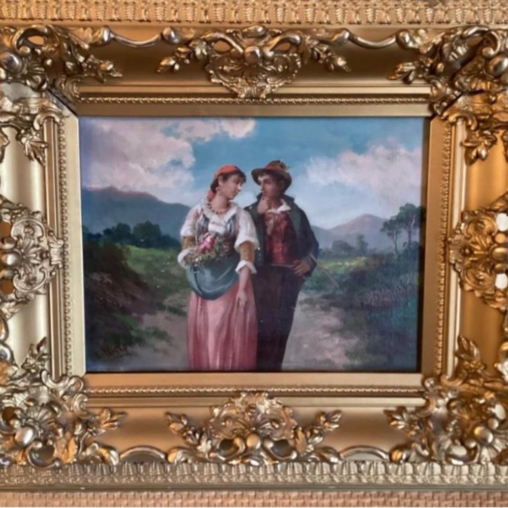 19th C. Signed Oil On Canvas Landscape Featuring A Strolling Couple